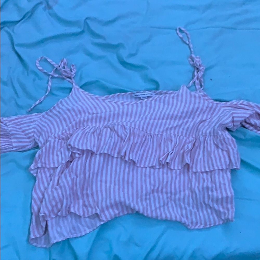 pink stripe cold shoulder top